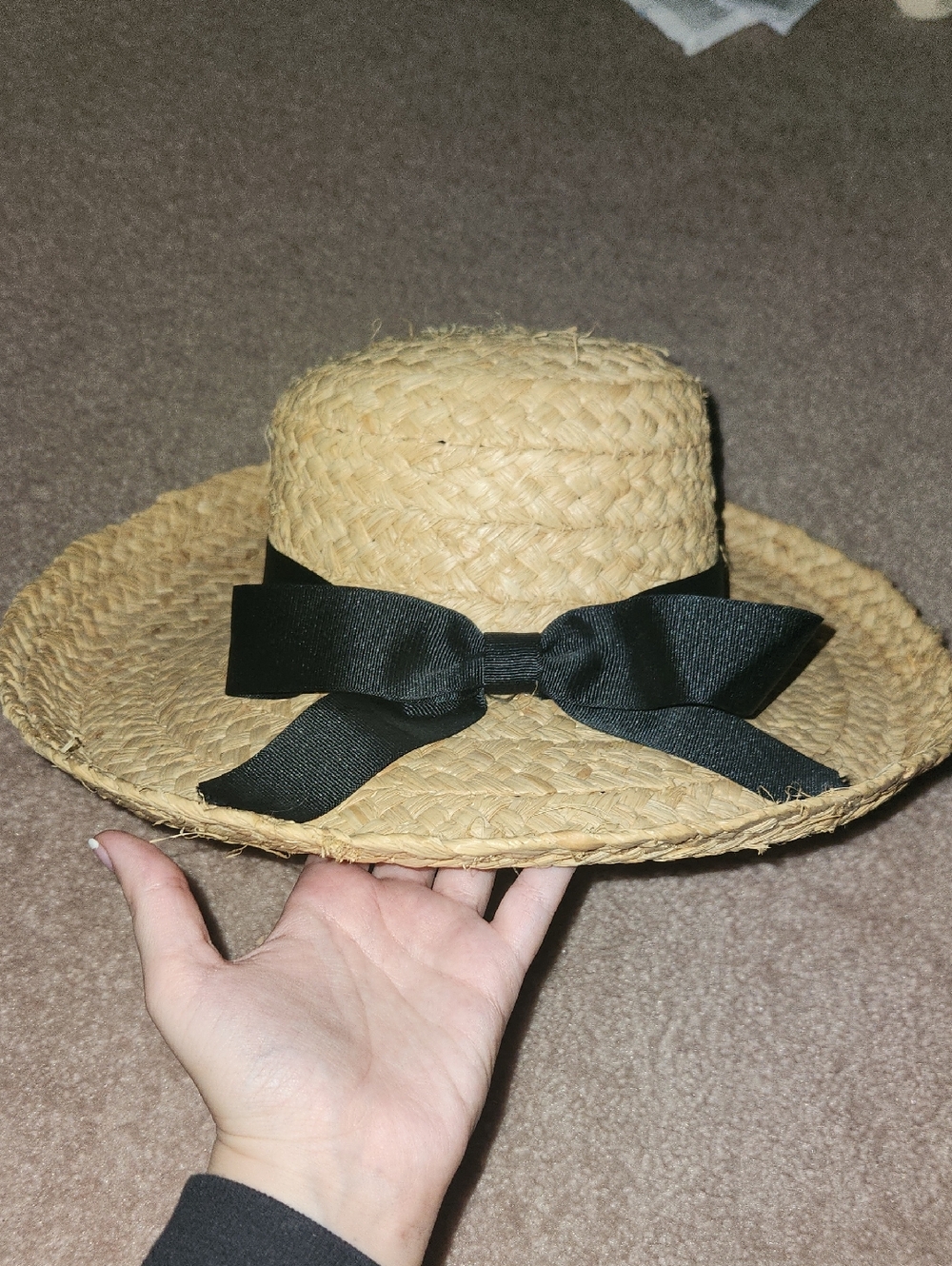 Straw Sun Hat with Black Ribbon Bow